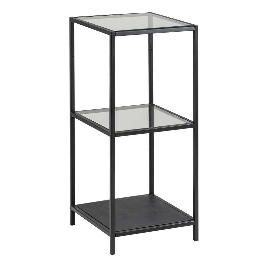 Seaford Narrow Black Metal Bookcase with 2 Glass Shelves - TidySpaces