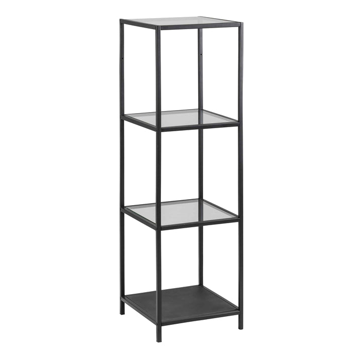 Seaford Narrow Black Metal Bookcase with 3 Glass Shelves - TidySpaces