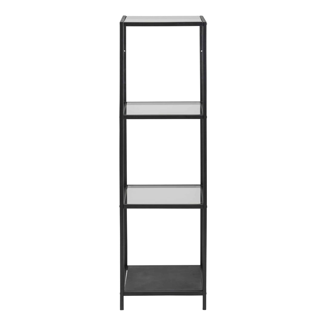 Seaford Narrow Black Metal Bookcase with 3 Glass Shelves - TidySpaces