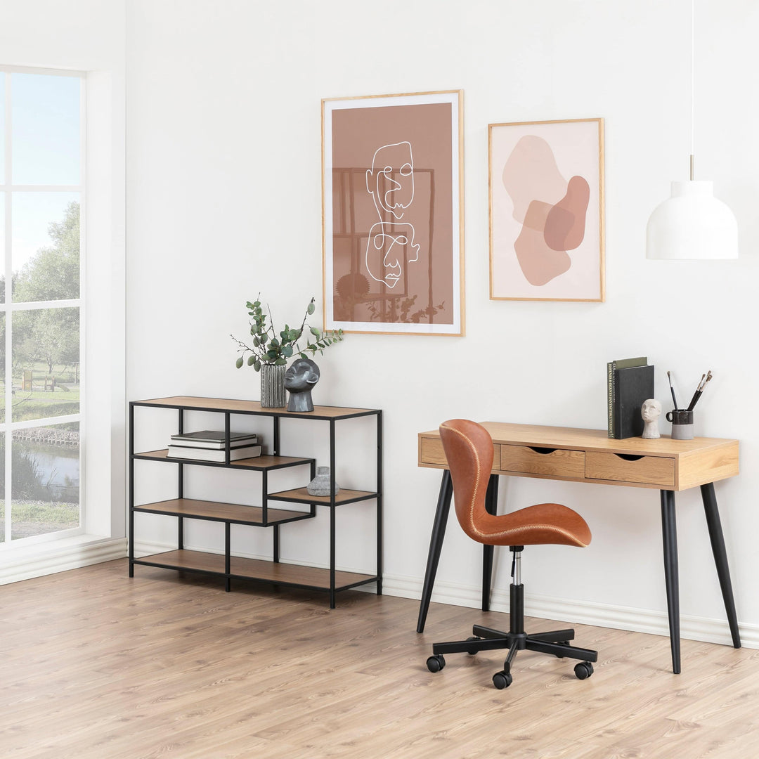 Seaford Wide Black Metal Bookcase with 4 Oak Shelves - TidySpaces