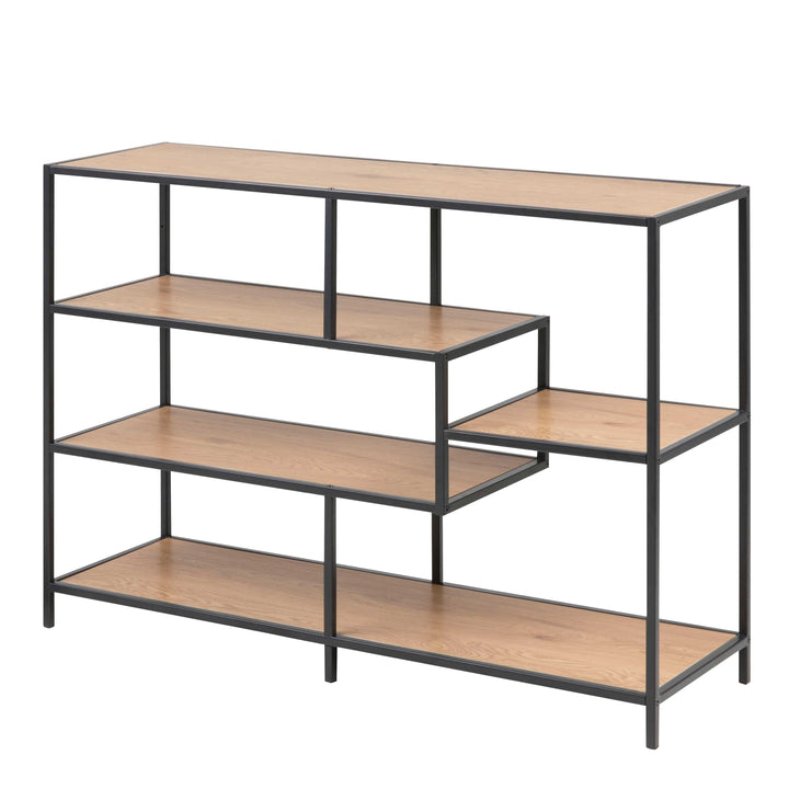 Seaford Wide Black Metal Bookcase with 4 Oak Shelves - TidySpaces