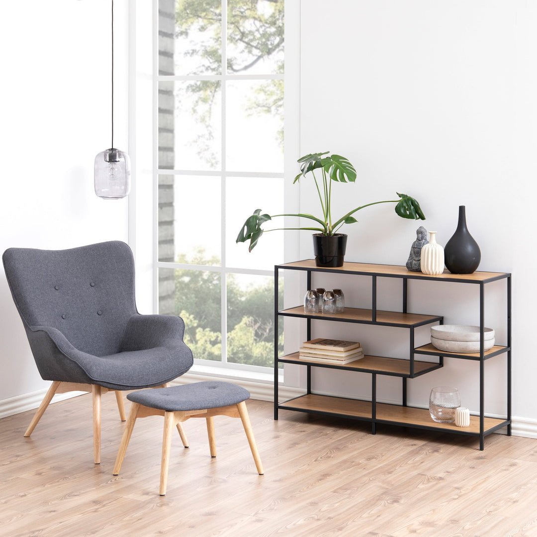 Seaford Wide Black Metal Bookcase with 4 Oak Shelves - TidySpaces