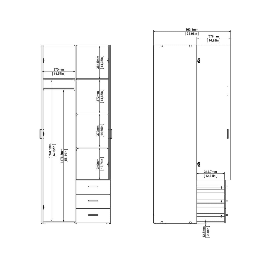 Space Wardrobe - 2 Doors 3 Drawers in White 2000 - TidySpaces