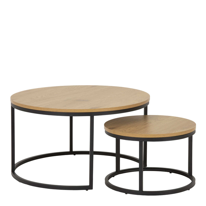 Spiro Round Coffee Table Set with Oak Top & Black Legs - TidySpaces