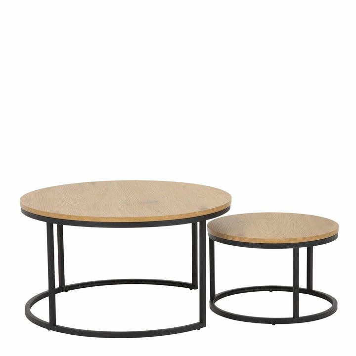 Spiro Round Coffee Table Set with Oak Top & Black Legs - TidySpaces