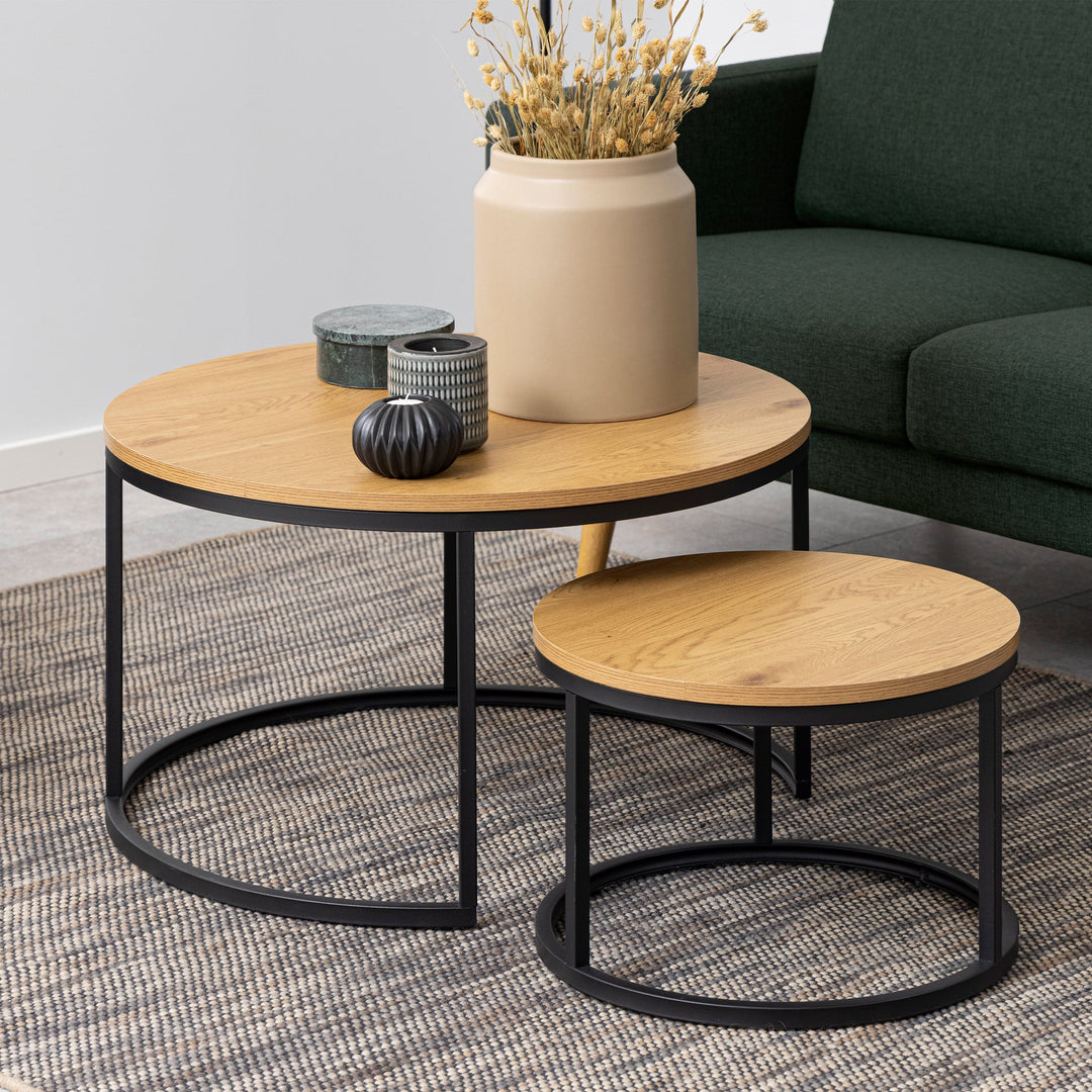 Spiro Round Coffee Table Set with Oak Top & Black Legs - TidySpaces