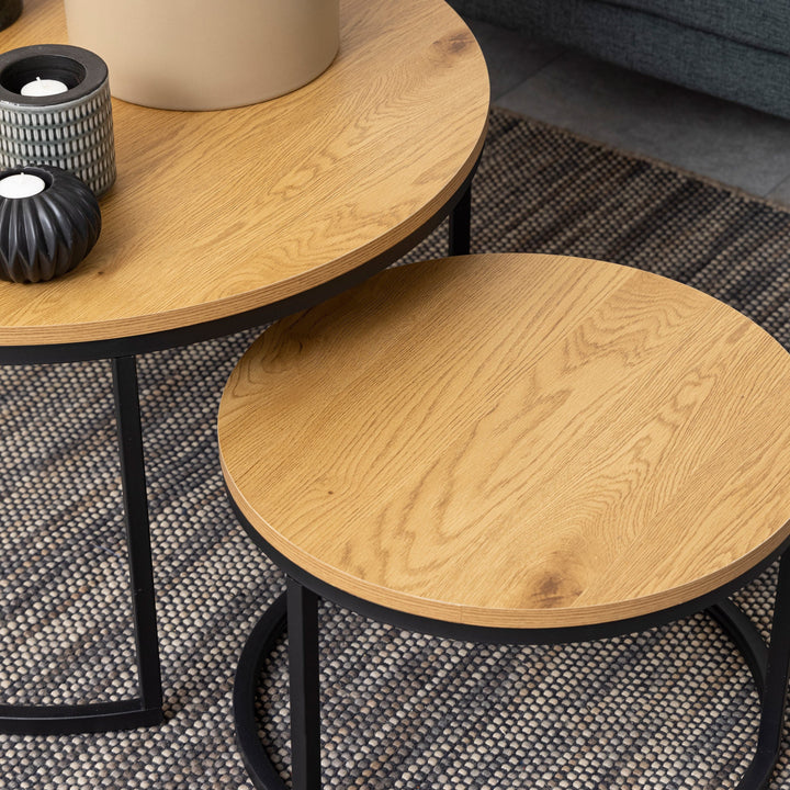 Spiro Round Coffee Table Set with Oak Top & Black Legs - TidySpaces