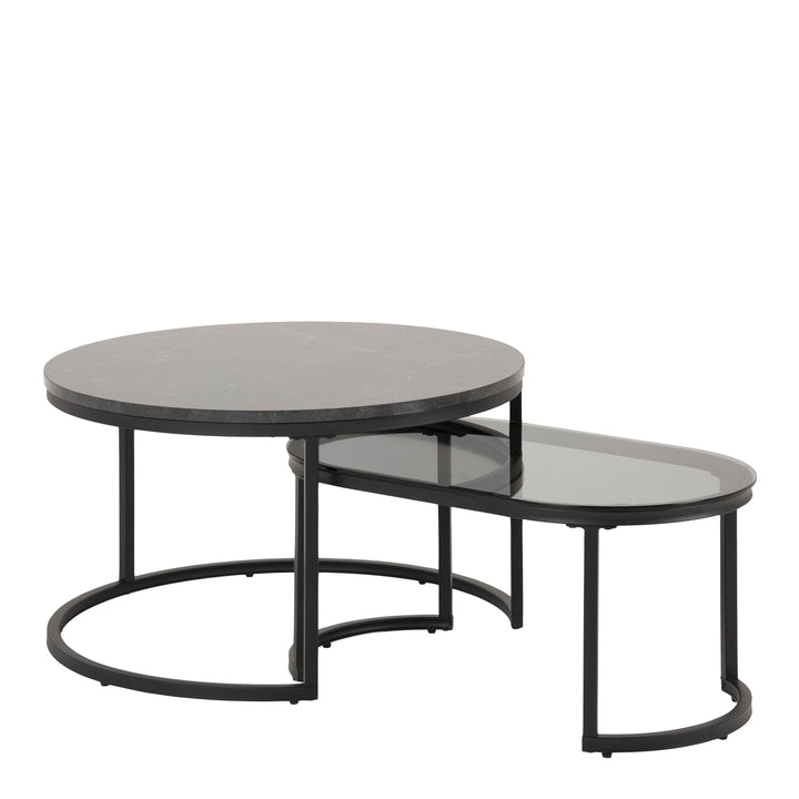 Spiro Round/Oval Coffee Table Set with Black Marble/Smoked Glass Top - TidySpaces