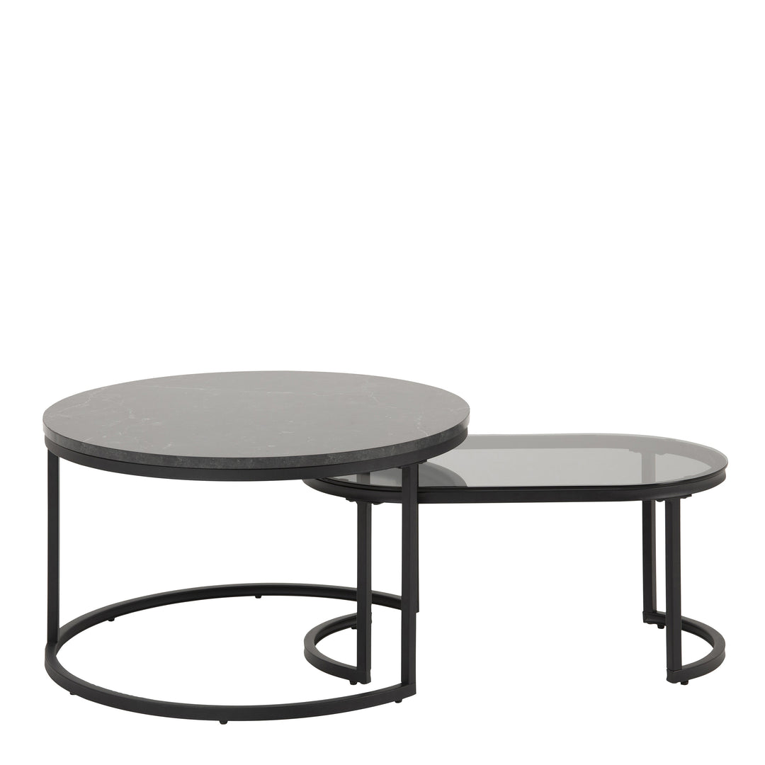 Spiro Round/Oval Coffee Table Set with Black Marble/Smoked Glass Top - TidySpaces