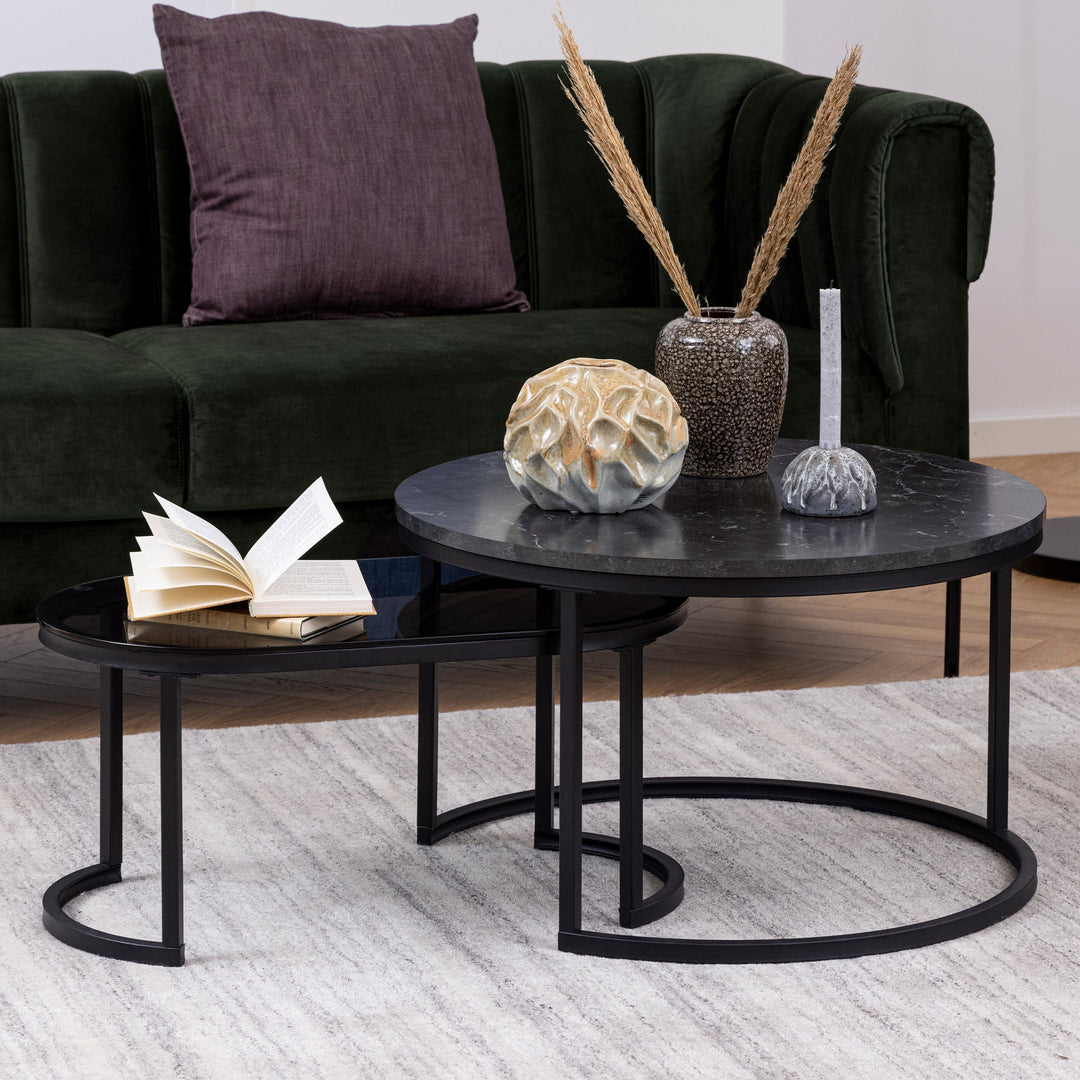 Spiro Round/Oval Coffee Table Set with Black Marble/Smoked Glass Top - TidySpaces