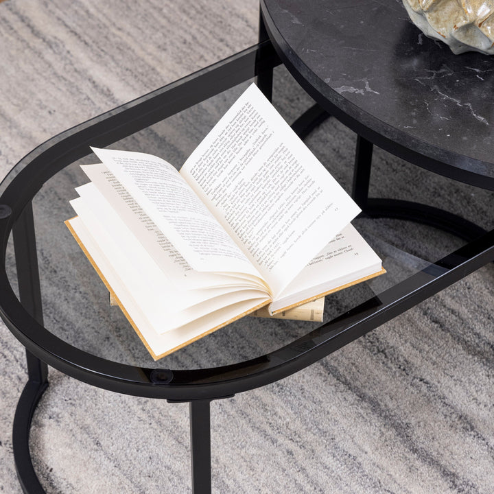 Spiro Round/Oval Coffee Table Set with Black Marble/Smoked Glass Top - TidySpaces