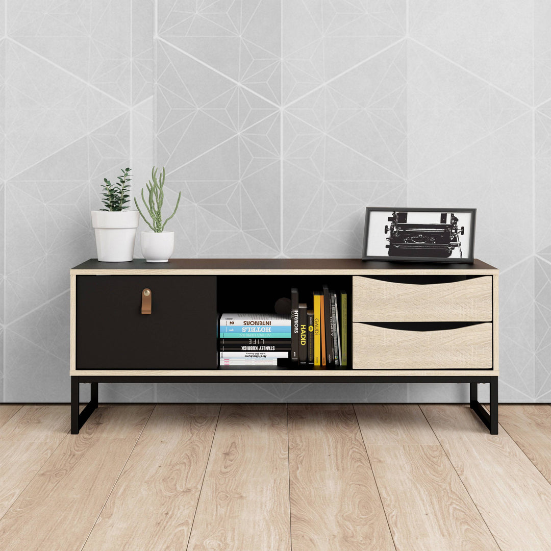 Stubbe TV Unit 1+2 drawers and open shelf in Matt Black Oak - TidySpaces