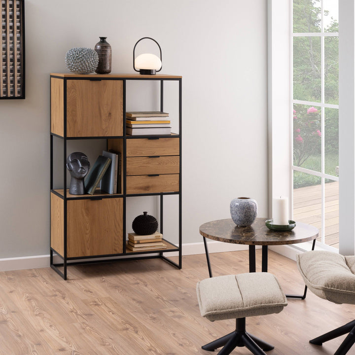 Swindon Bookcase with 2 Doors, 3 drawers and 1 Shelves in Black - TidySpaces