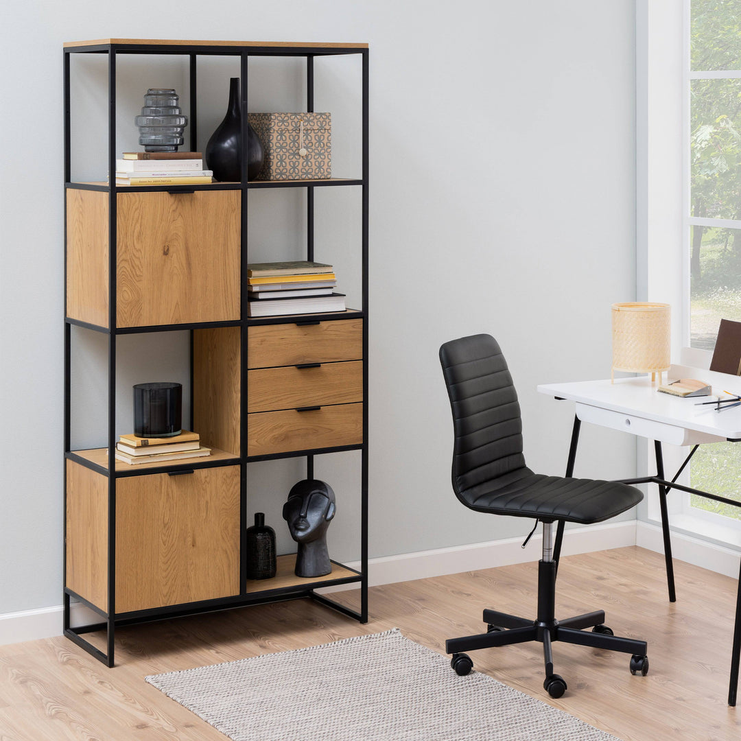 Swindon Bookcase with 2 Doors, 3 drawers and 2 Shelves in Black - TidySpaces