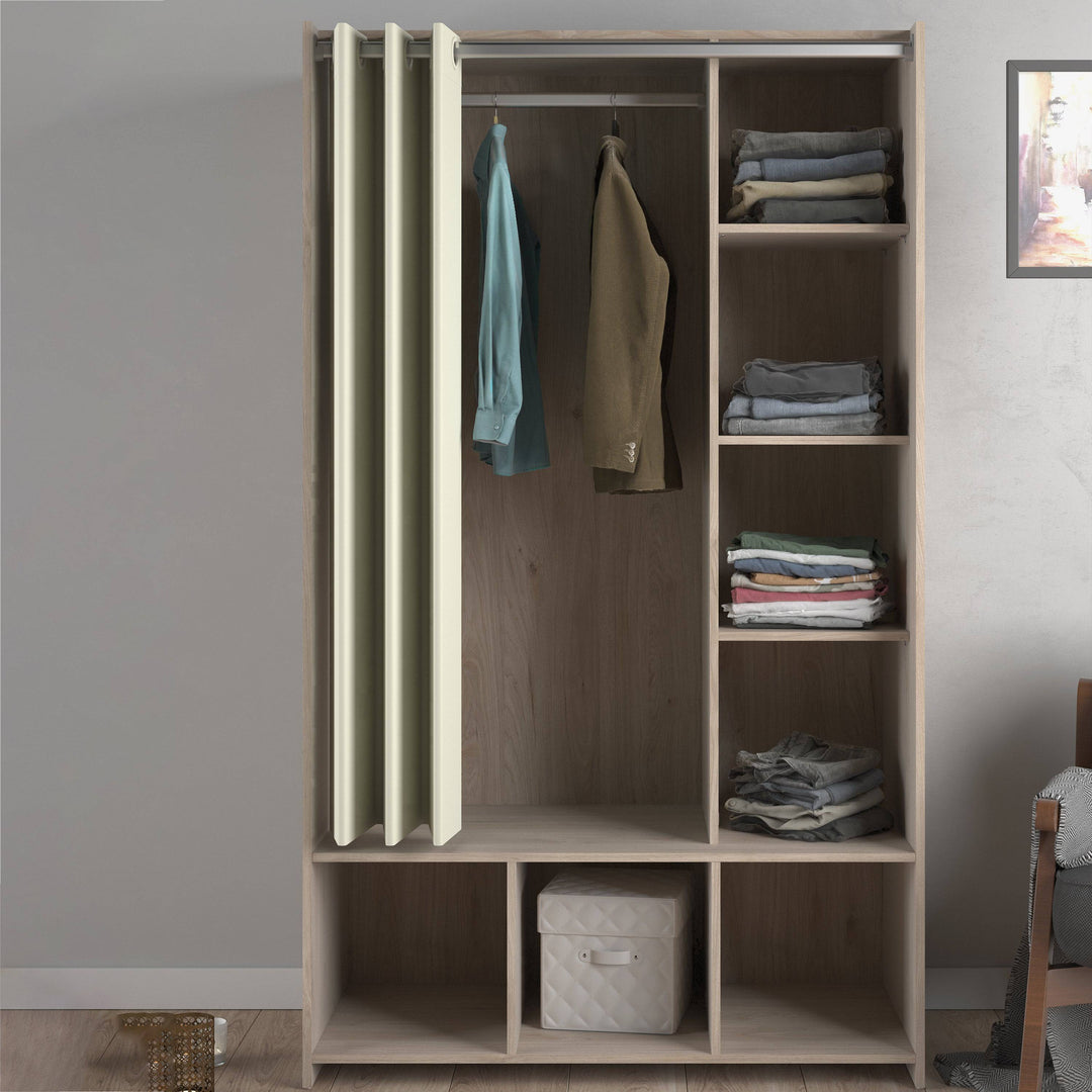 Uppsala Open Mobile Wardrobe Unit in Jackson Hickory Oak with a Beige Textile Curtain - TidySpaces