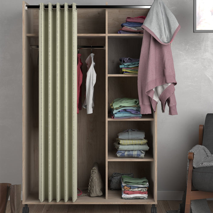 Uppsala Open Mobile Wardrobe Unit in Jackson Hickory Oak with a Beige Textile Curtain on Wheels - TidySpaces