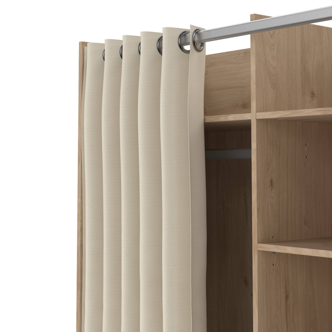 Uppsala Open Mobile Wardrobe Unit in Jackson Hickory Oak with a Beige Textile Curtain on Wheels - TidySpaces