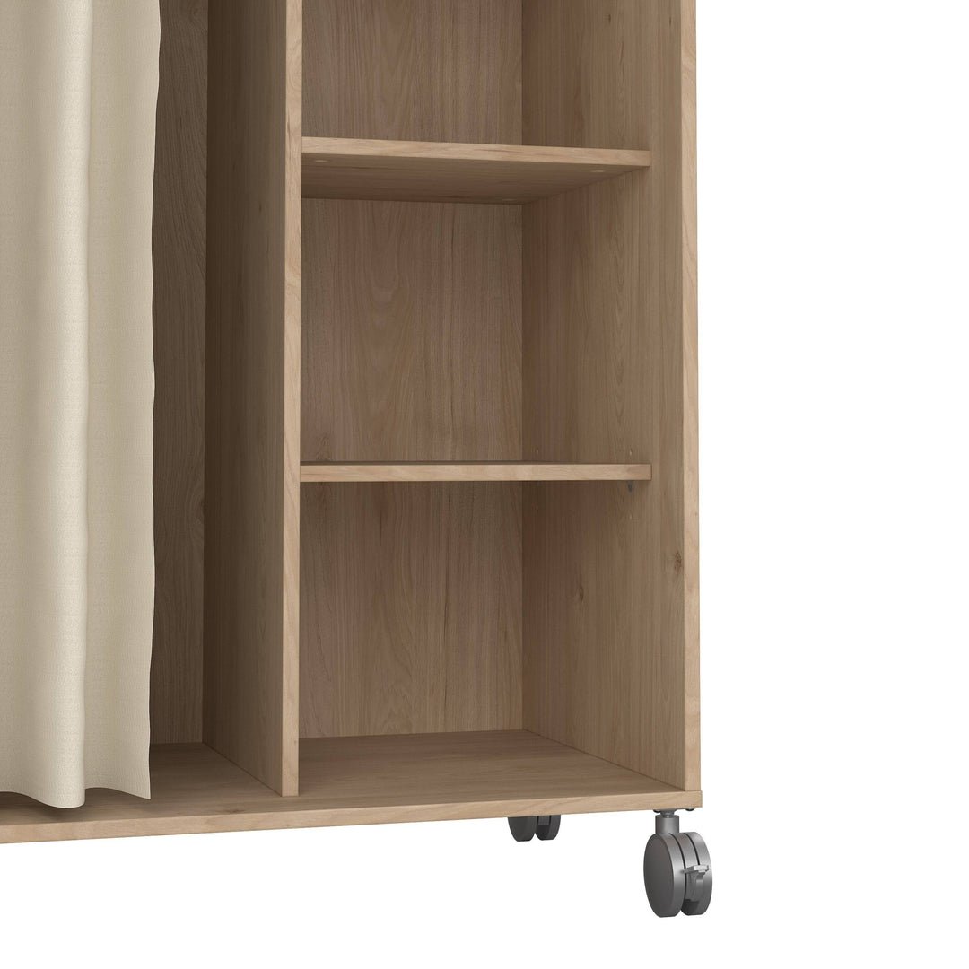 Uppsala Open Mobile Wardrobe Unit in Jackson Hickory Oak with a Beige Textile Curtain on Wheels - TidySpaces