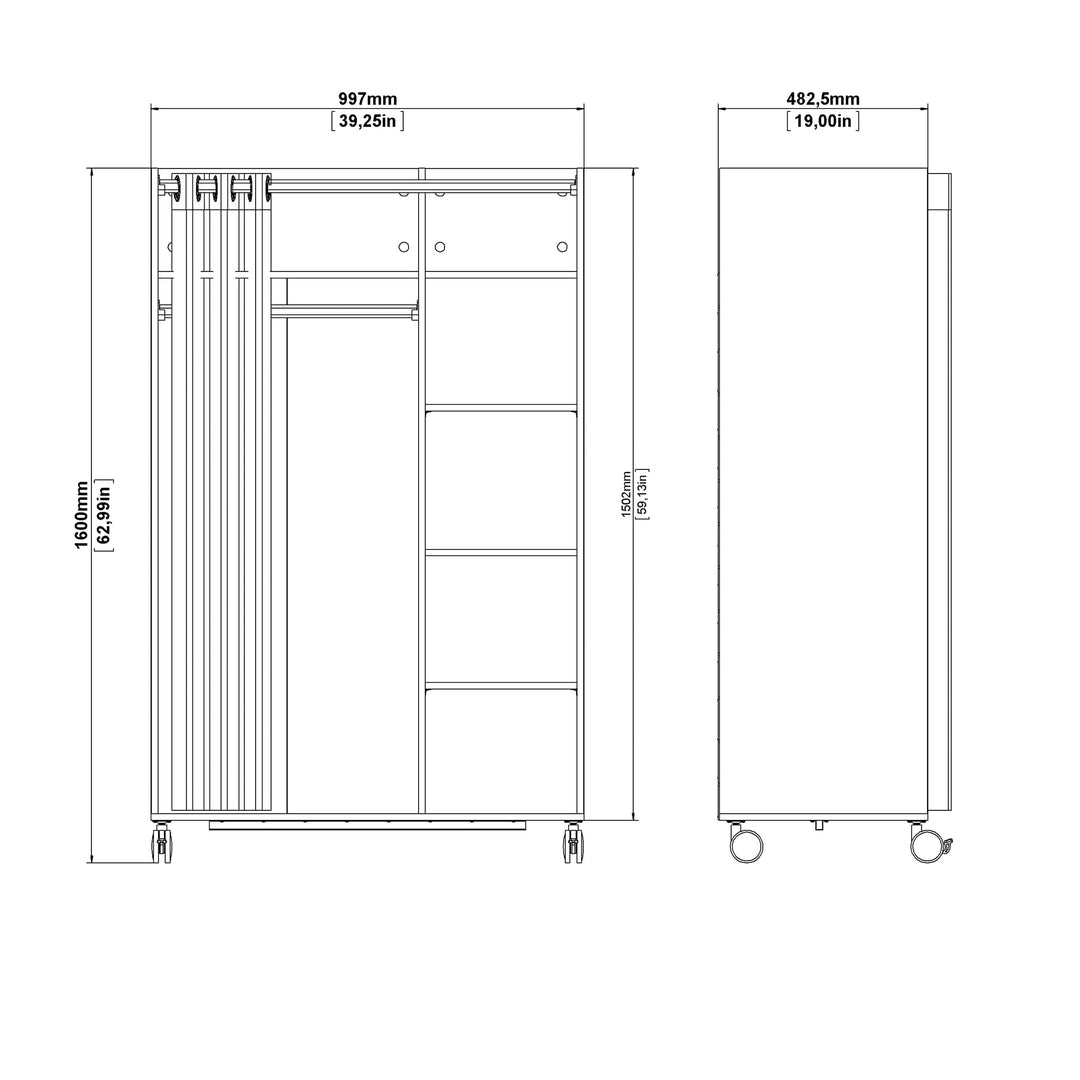 Uppsala Open Mobile Wardrobe Unit in Jackson Hickory Oak with a Beige Textile Curtain on Wheels - TidySpaces