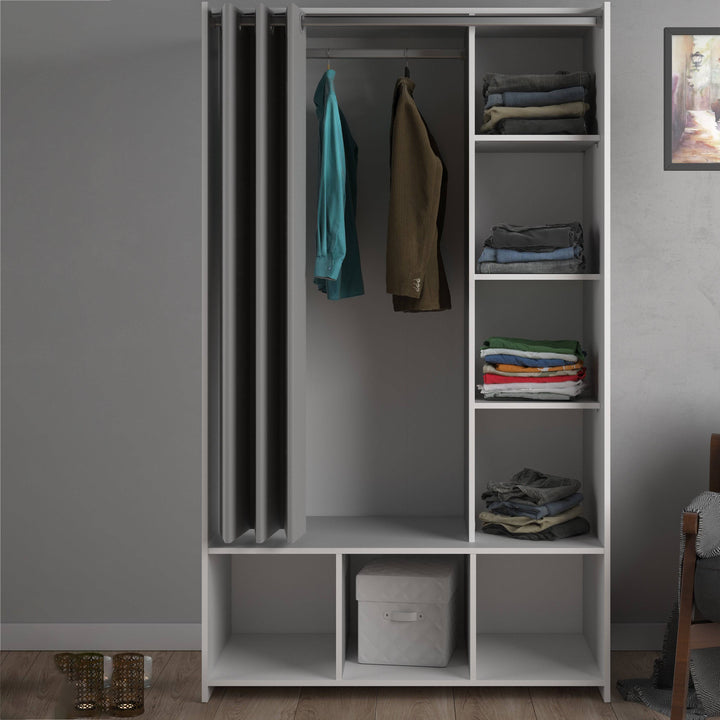 Uppsala Open Mobile Wardrobe Unit in White with a Grey Textile Curtain - TidySpaces