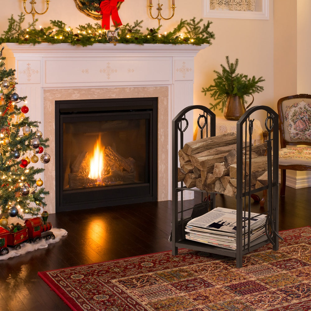 Firewood Log Rack with 4 Pieces Fireplace Tools - TidySpaces