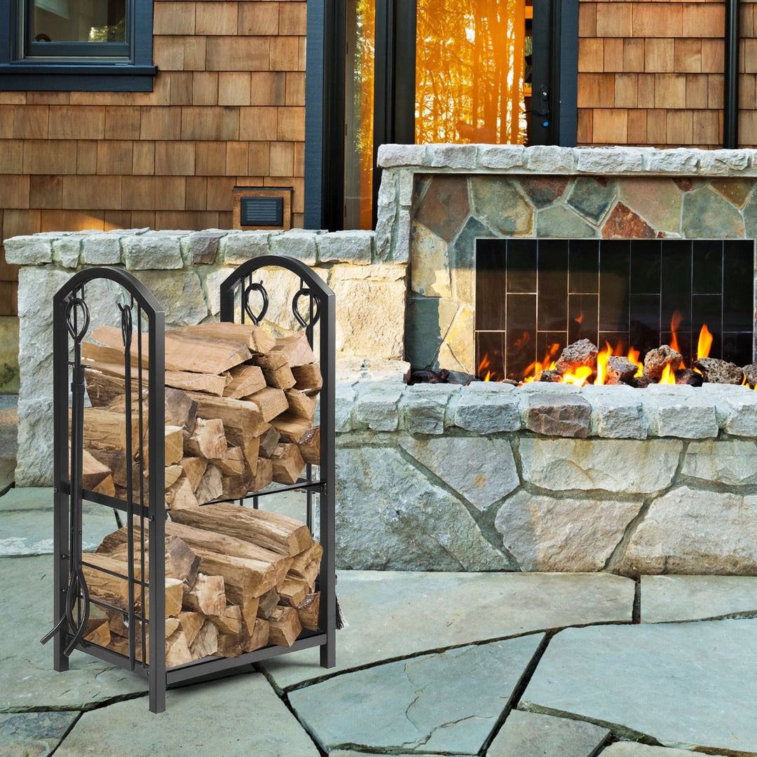Firewood Log Rack with 4 Pieces Fireplace Tools - TidySpaces