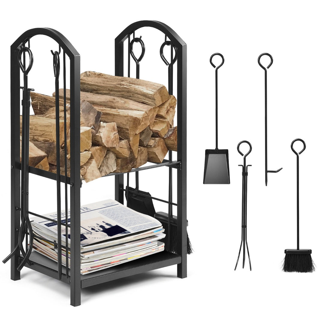 Firewood Log Rack with 4 Pieces Fireplace Tools Black - TidySpaces