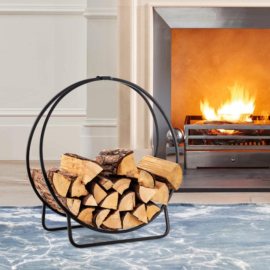 60 cm Tubular Metal Firewood Log Hoop with 230KG Capacity for Indoor and Outdoor-Black