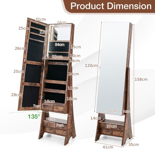 Floor Jewellery Armoire Organizer with Full-Length Mirror-Brown - TidySpaces