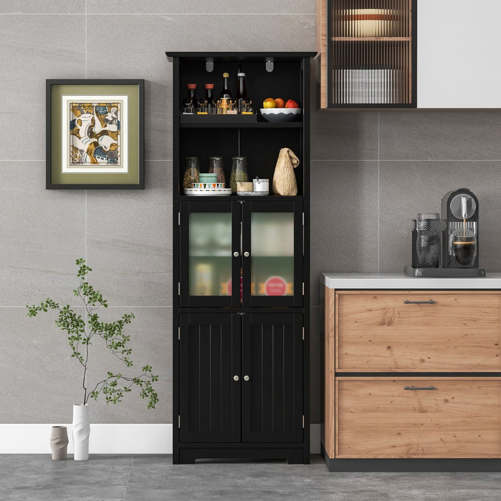 Freestanding Storage Cabinet with Tempered Glass Door and Open Shelves-Black - TidySpaces
