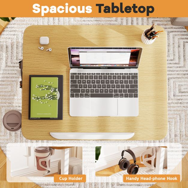 Foldable Mobile Standing Desk Portable Computer Workstation with Hook and Cup Holder-Natural
