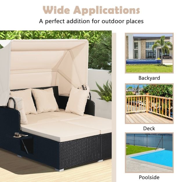 Rattan Daybed with Retractable Canopy, Cushions, and Side Trays for Garden or Patio