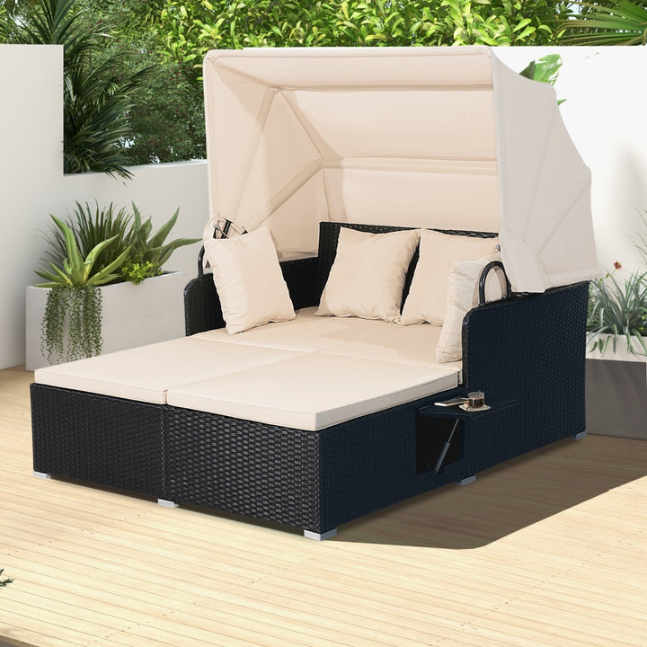 Rattan Daybed with Retractable Canopy, Cushions, and Side Trays for Garden or Patio