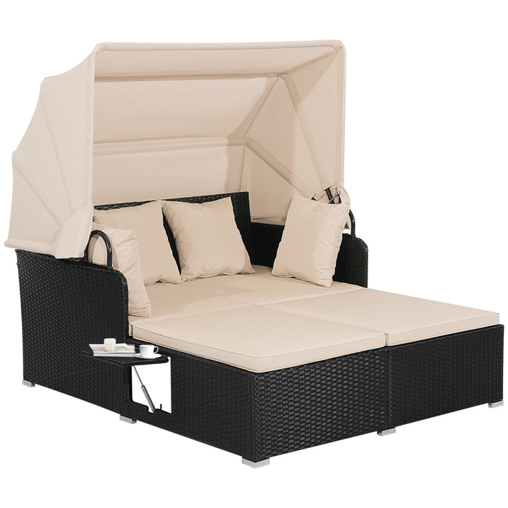 Rattan Daybed with Retractable Canopy, Cushions, and Side Trays for Garden or Patio