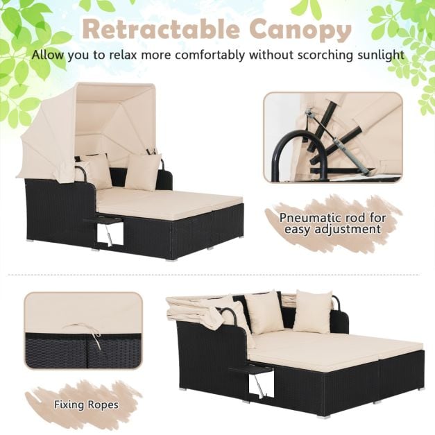 Rattan Daybed with Retractable Canopy, Cushions, and Side Trays for Garden or Patio