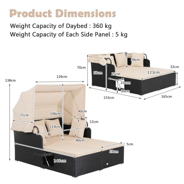 Rattan Daybed with Retractable Canopy, Cushions, and Side Trays for Garden or Patio