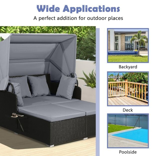 Rattan Daybed with Retractable Canopy, Cushions, and Side Trays for Garden or Patio