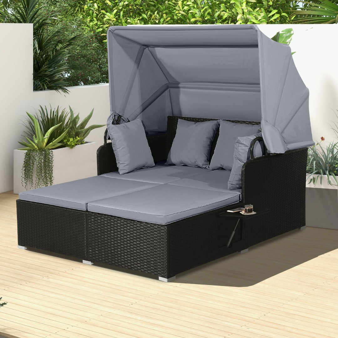 Rattan Daybed with Retractable Canopy, Cushions, and Side Trays for Garden or Patio