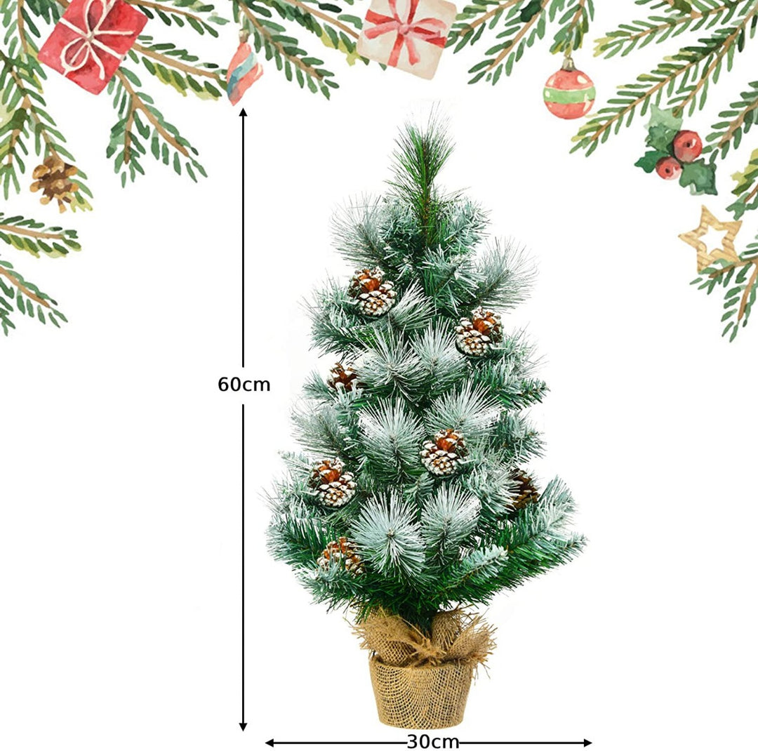 2 Feet Snow Flocked Pine Artificial Christmas Tree with Pine Cones