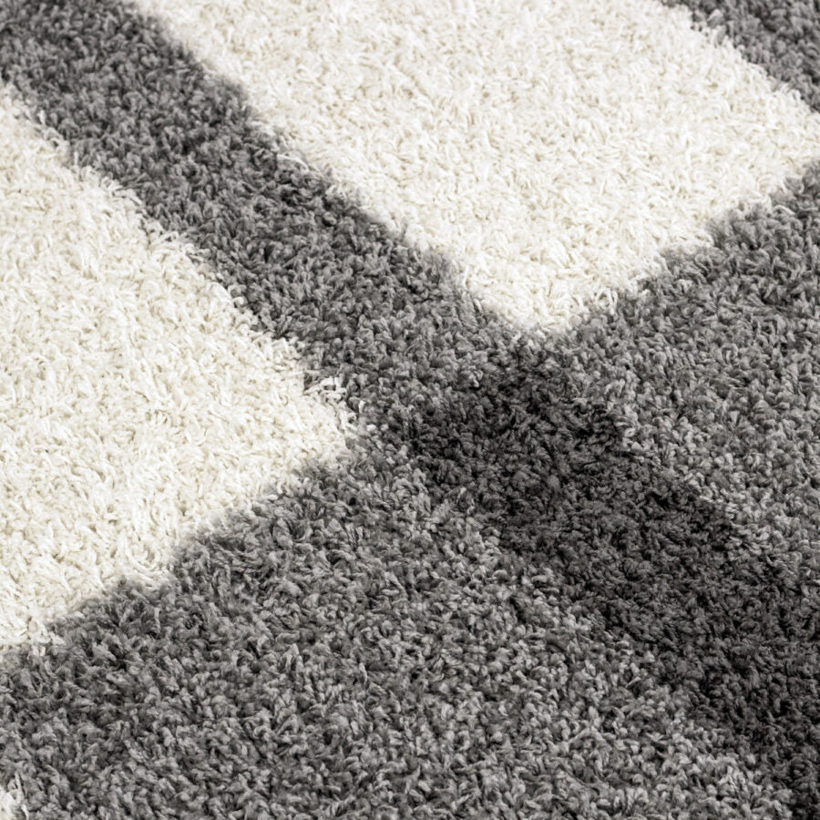 Grey White Cream Fluffy Shaggy Rug Geometric