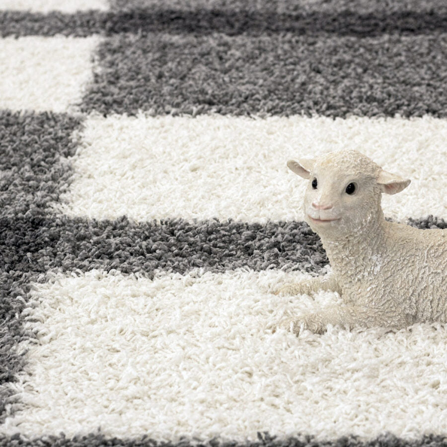 Grey White Cream Fluffy Shaggy Rug Geometric