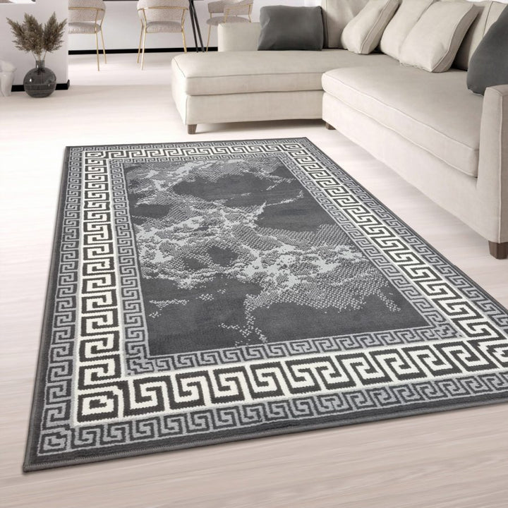 Grey Border Marble Effect Rug Large Soft Oriental Carpet Grey - TidySpaces