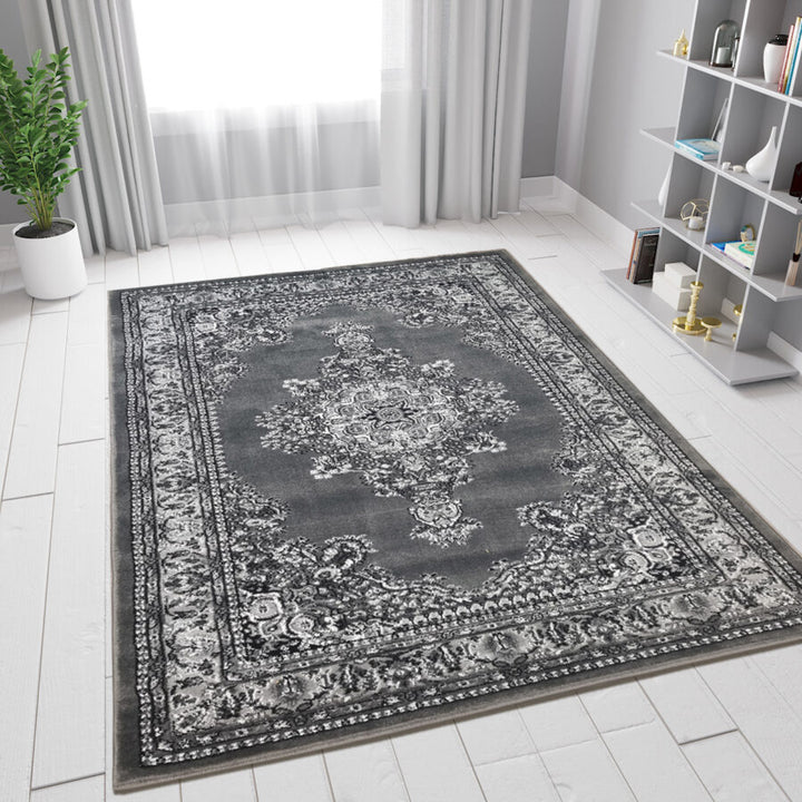 Grey Black Traditional Rug Vintage Oriental Style Grey Black - TidySpaces