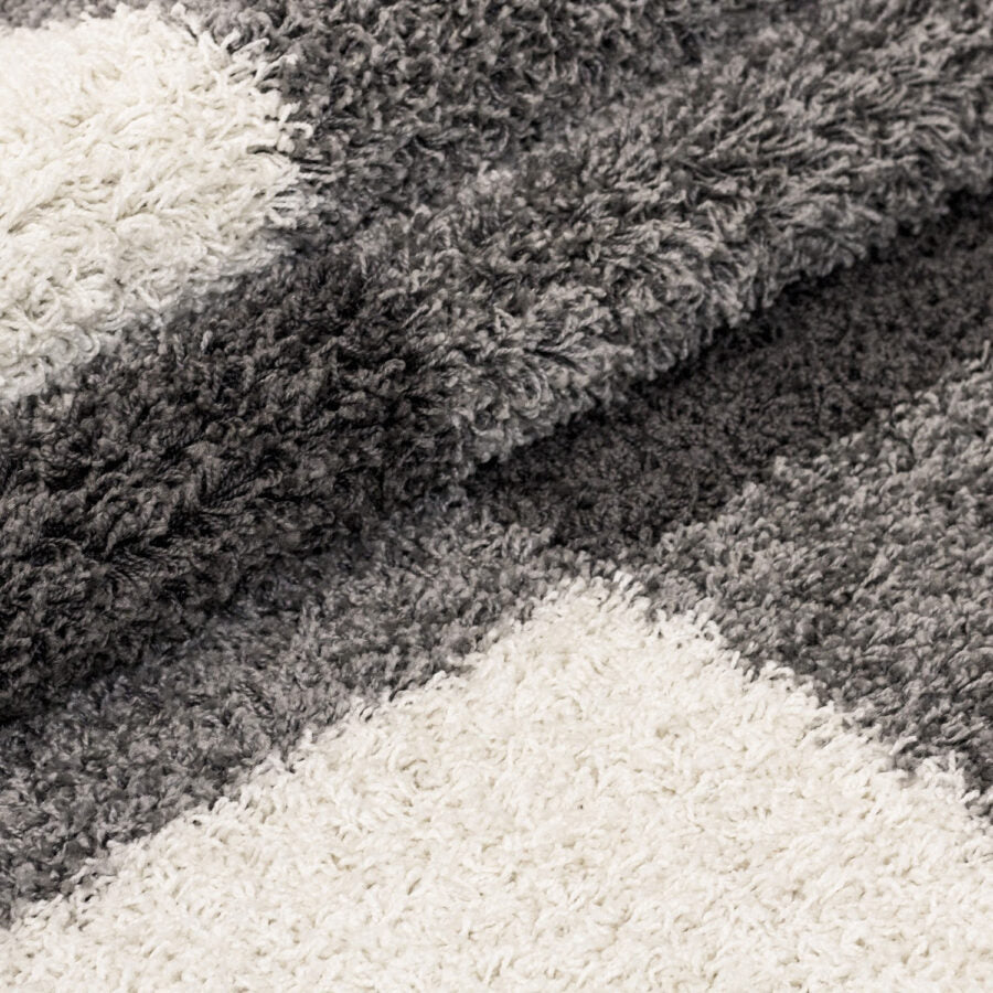 Grey White Cream Fluffy Shaggy Rug Geometric