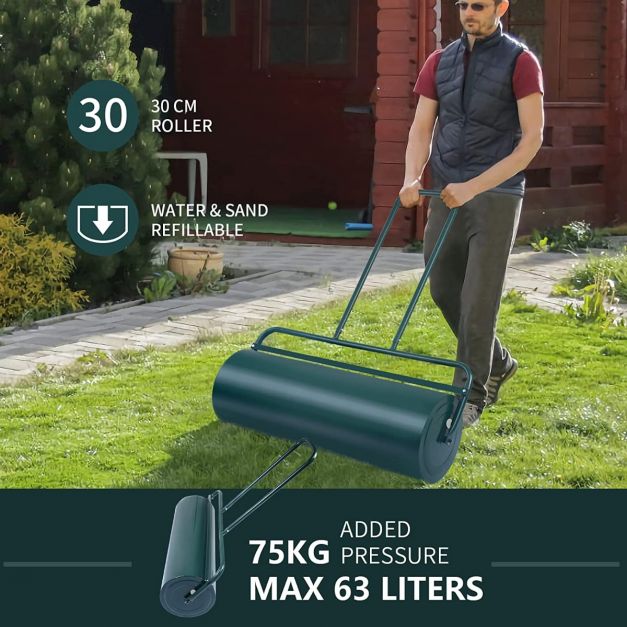 63L Heavy Duty Garden Grass Roller with U shaped Handle - TidySpaces