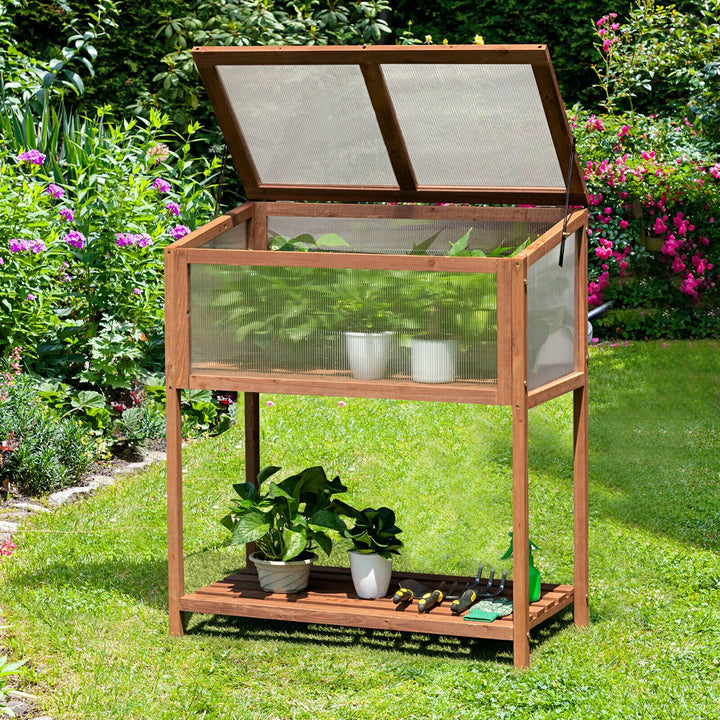 Outdoor Wooden Cold Frame with Slatted Shelf and Tilted Top Cover