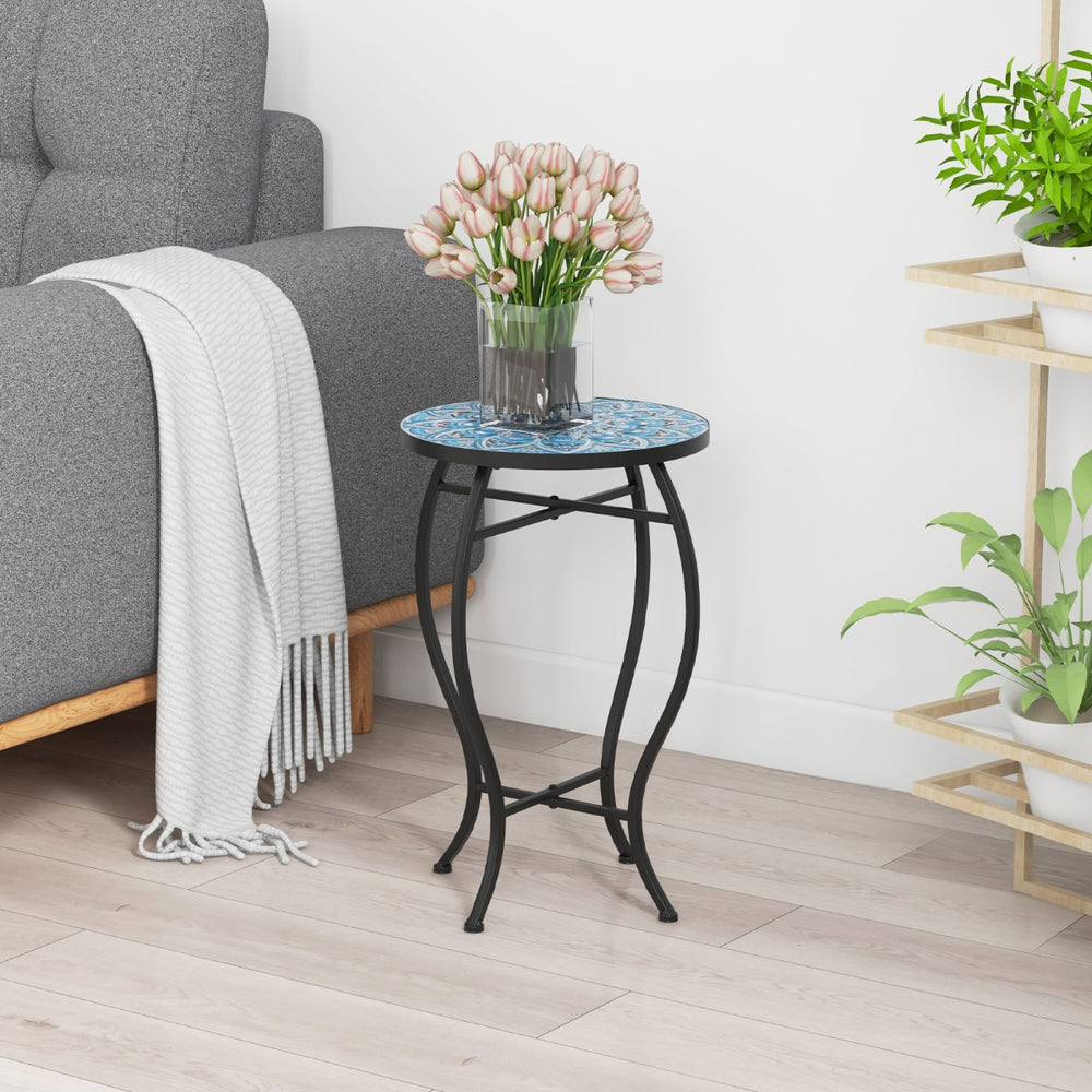 35 cm Round Patio End Table with Ceramic Tile Top - TidySpaces