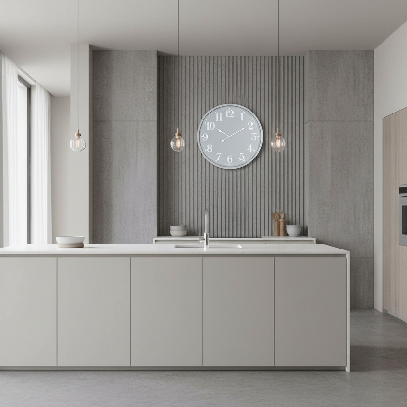 Modern kitchen with gray cabinets, white countertops, and a clock on the wall.