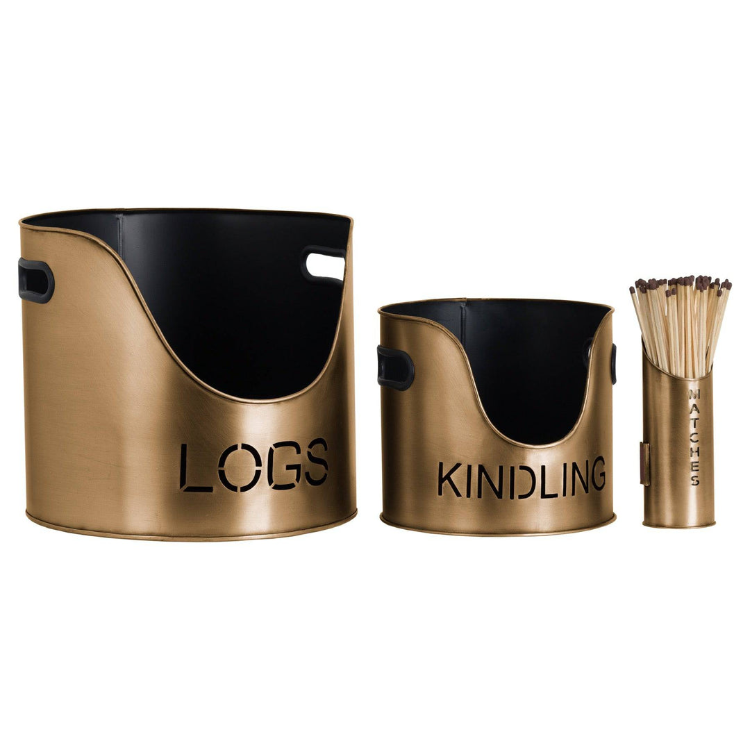 Bronze Finish Logs And Kindling Buckets & Matchstick Holder - TidySpaces