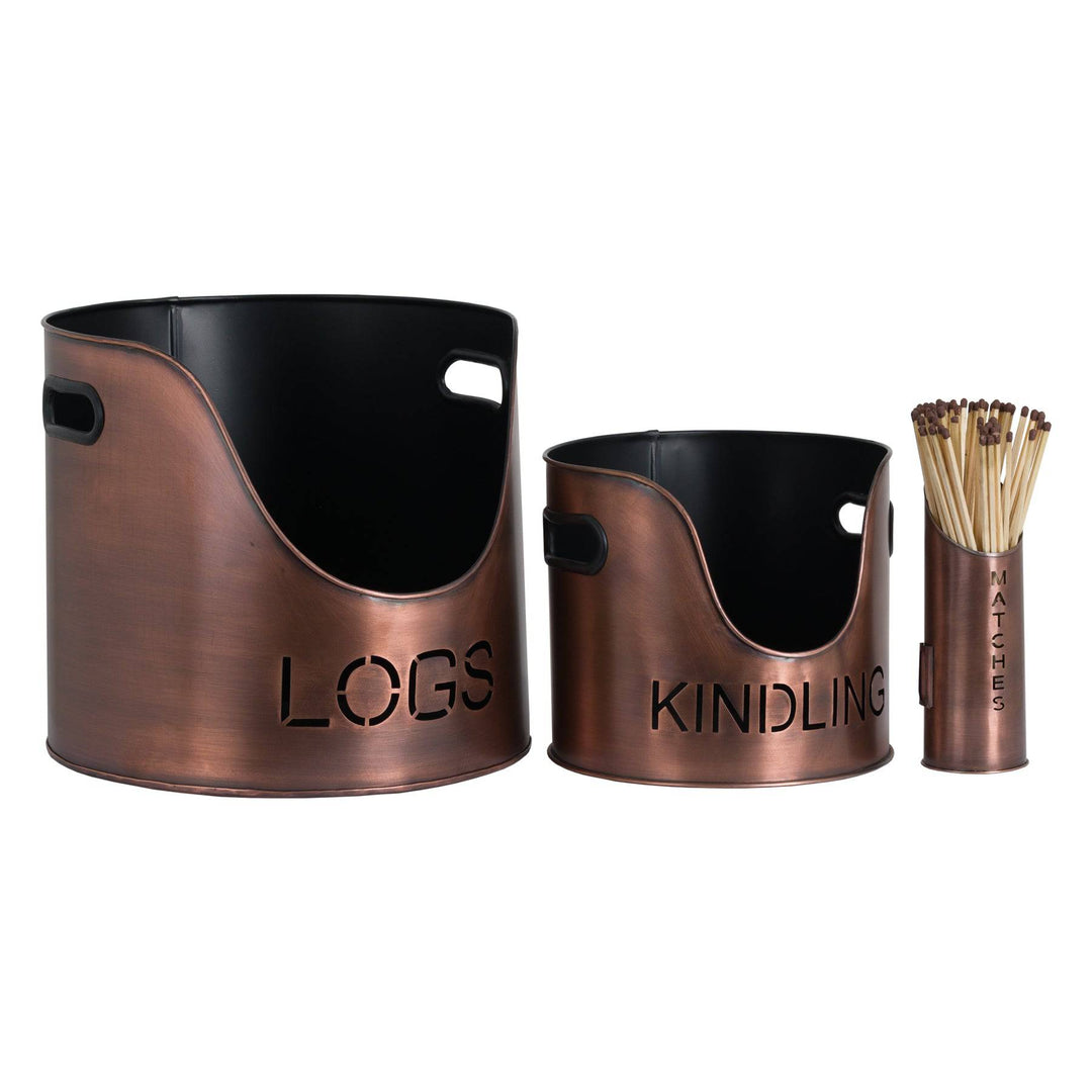 Copper Finish Logs And Kindling Buckets & Matchstick Holder - TidySpaces